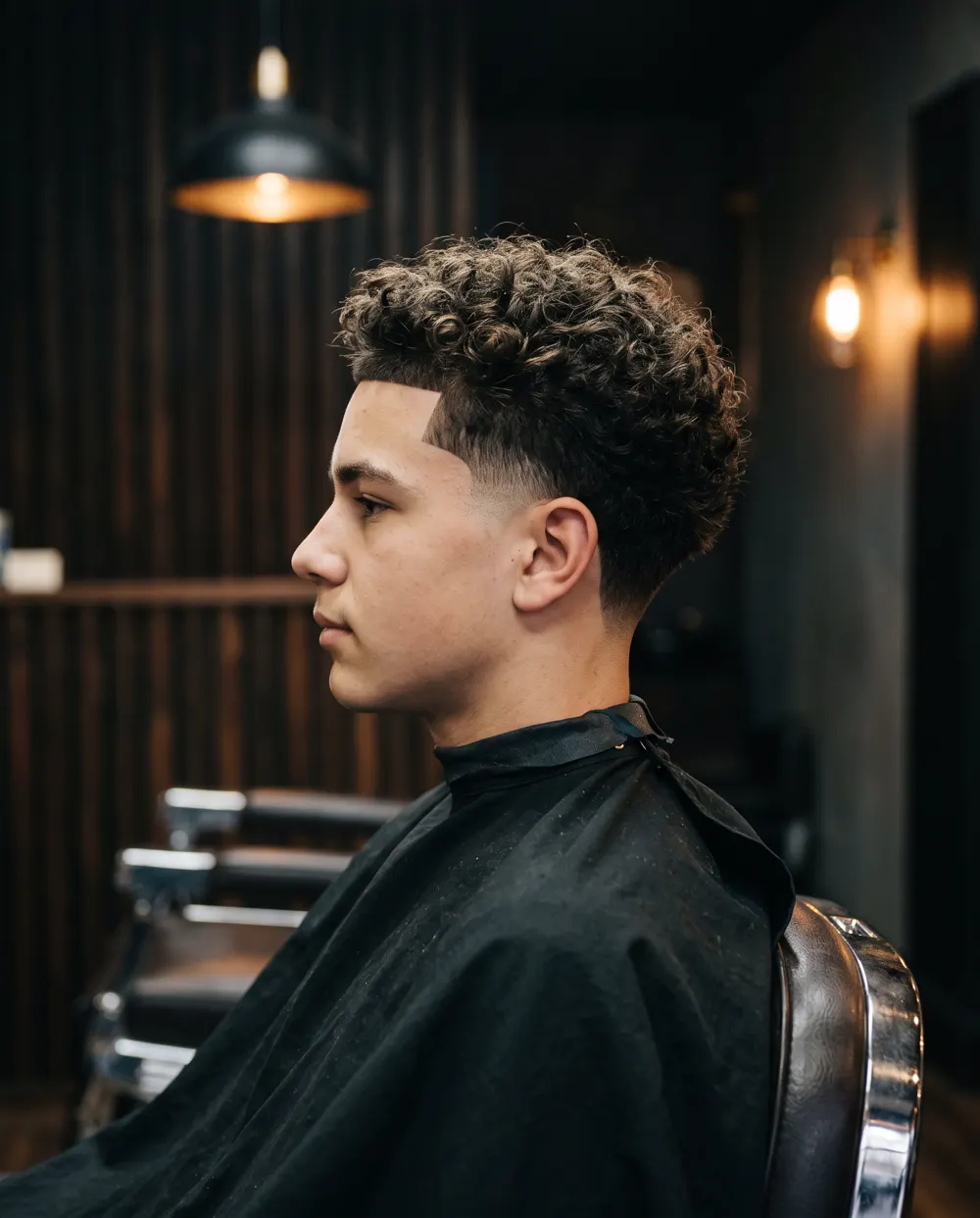 Curly top with a low taper and edge-up