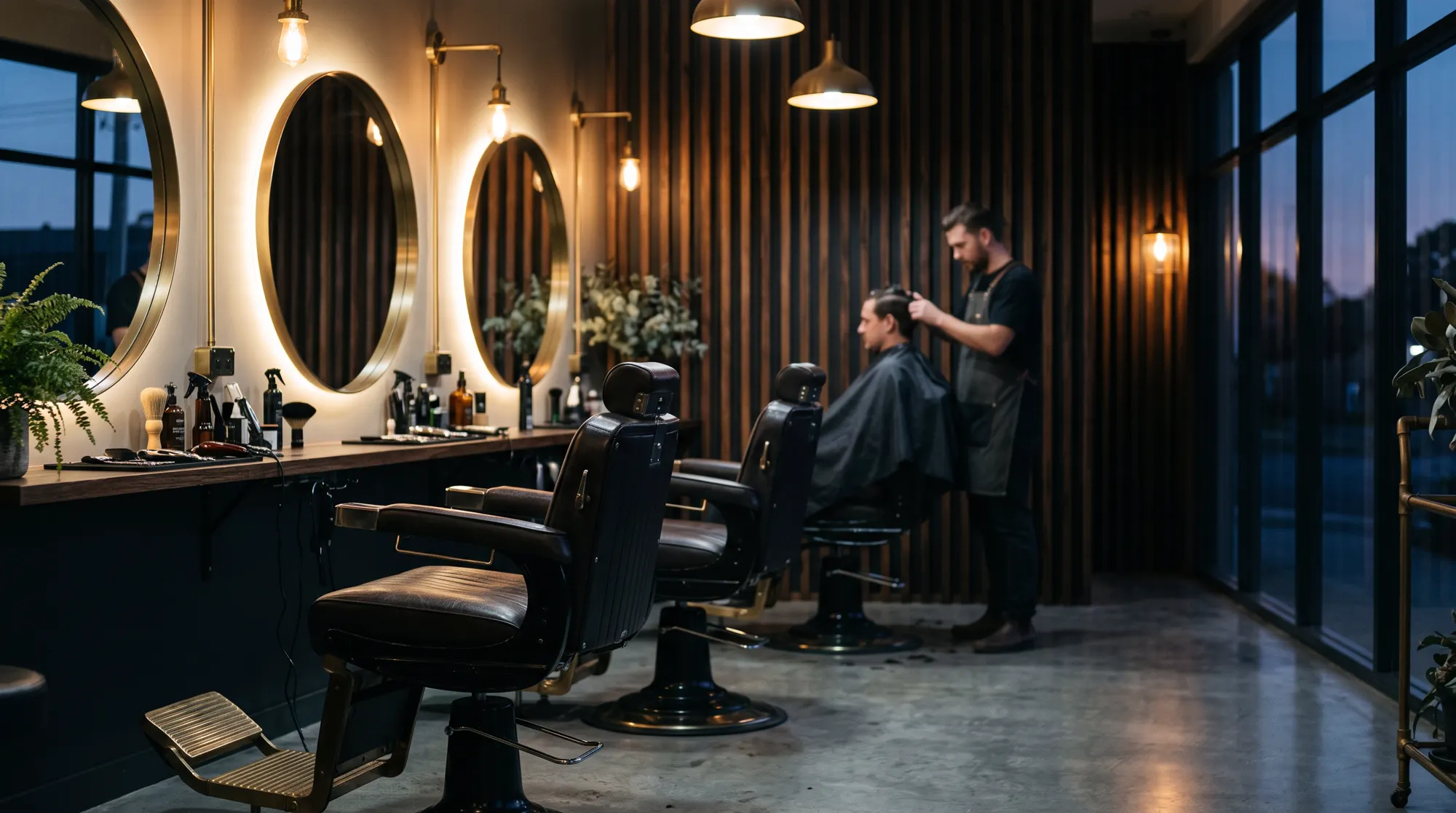 Inside Ironbark Barbers: leather chairs facing round mirrors under warm pendant lights
