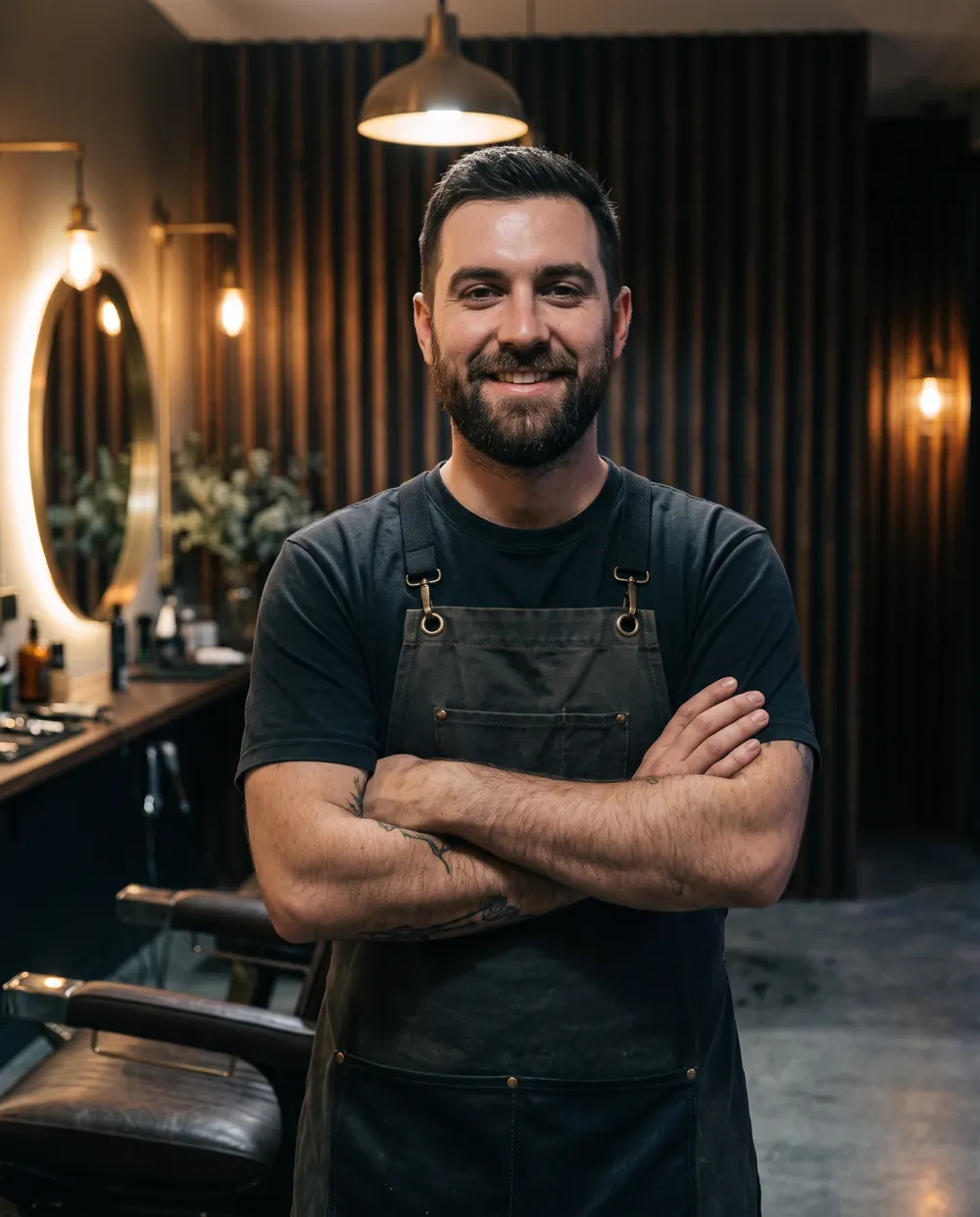 Sam, head barber, arms crossed in front of the chairs