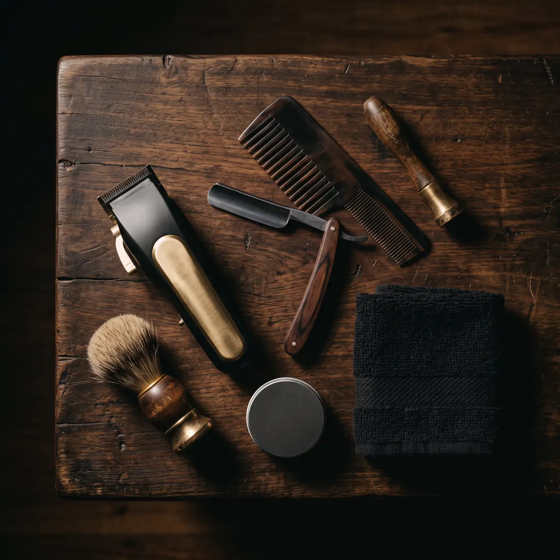 Clippers, razor, comb and brush on a timber bench